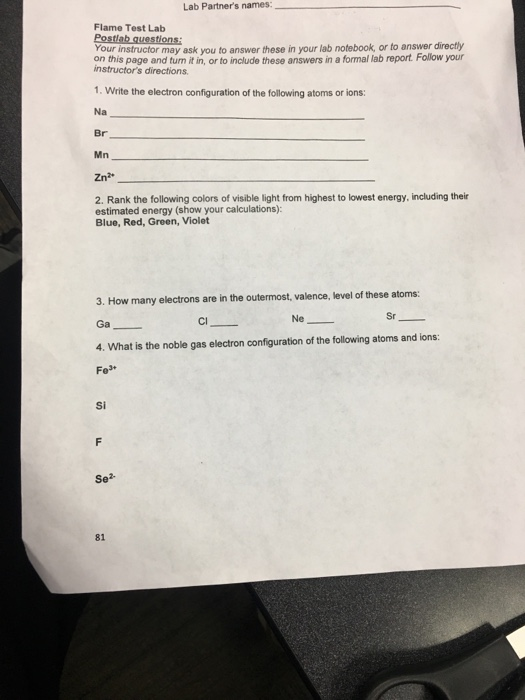 Solved Lab Partner's names Flame Test Lab Postlab questions