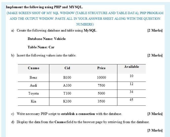 Solved Implement the following using PHP and MYSQL. (MAKE | Chegg.com