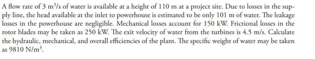Solved sup- A flow rate of 3 m3/s of water is available at a | Chegg.com