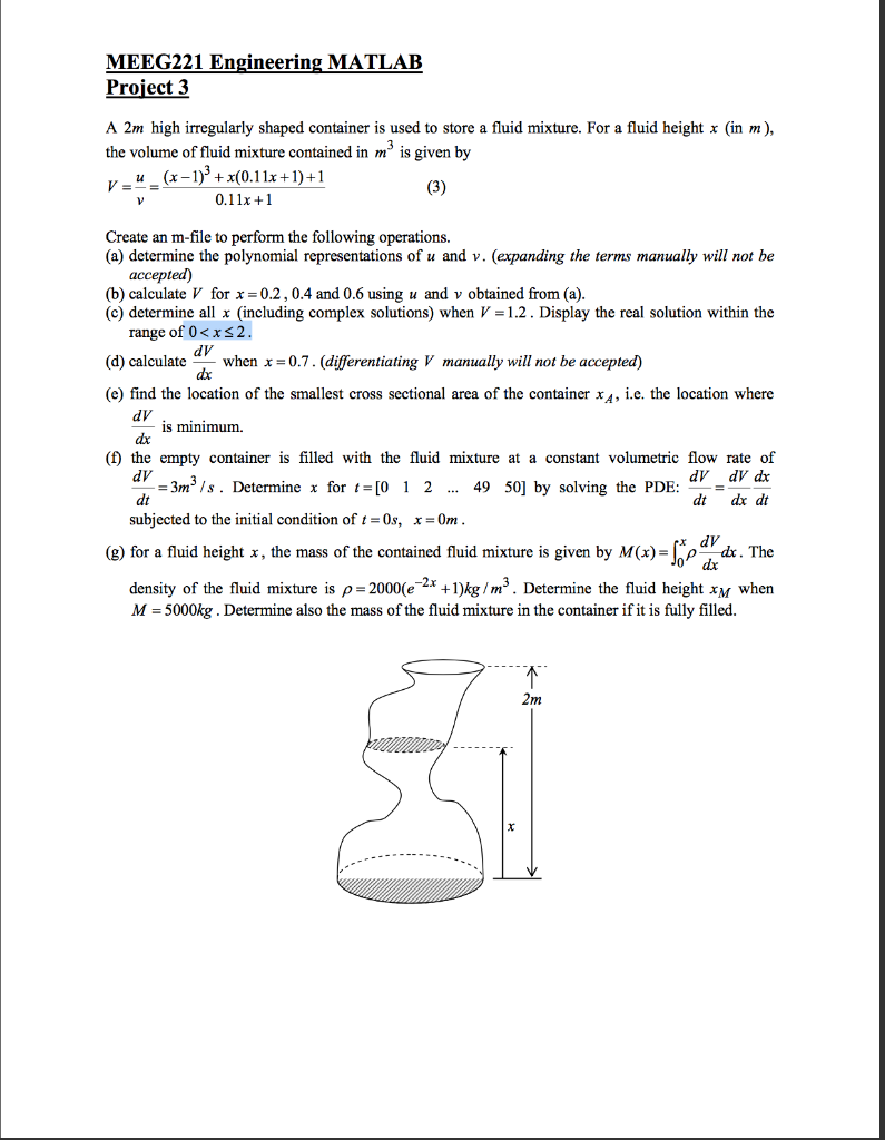 MEEG221 Engineering MATLAB Project 3 A 2m high | Chegg.com