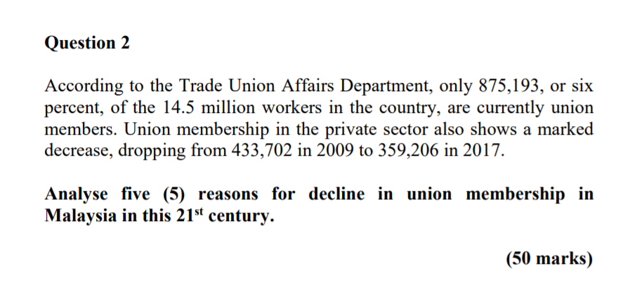 Solved Question 2 According to the Trade Union Affairs | Chegg.com