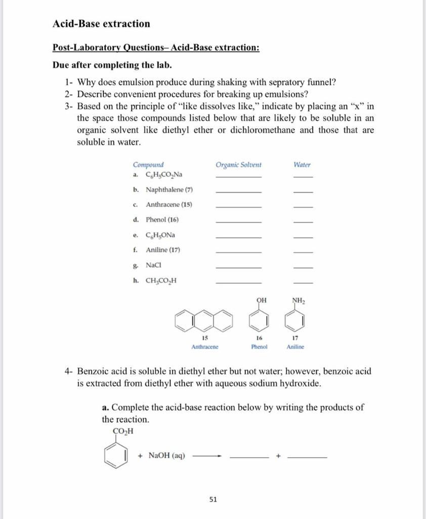 Solved AcidBase extraction PostLaboratory Questions