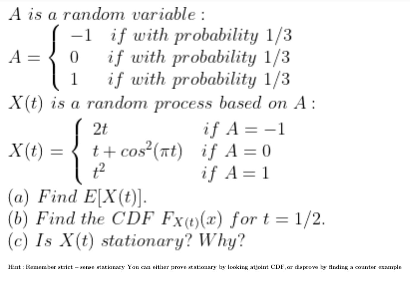 Solved A is a random variable : -1 if with probability 1/3 | Chegg.com