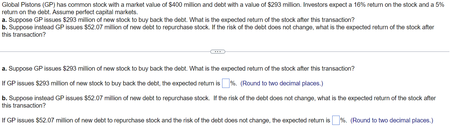 Solved Global Pistons (GP) has common stock with a market | Chegg.com
