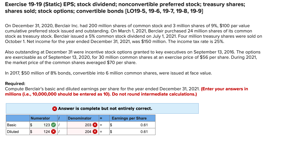 Solved Exercise 1919 (Static) EPS; stock dividend;