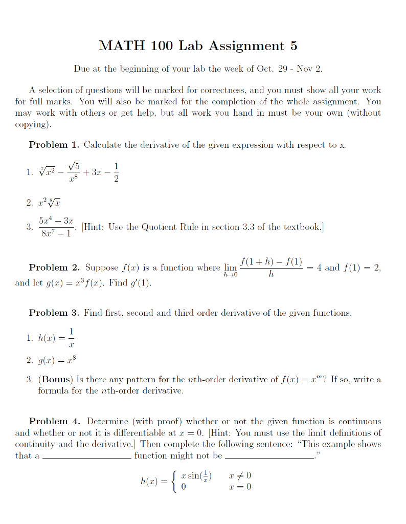 Solved MATH 100 Lab Assignment 5 Due at the beginning of | Chegg.com