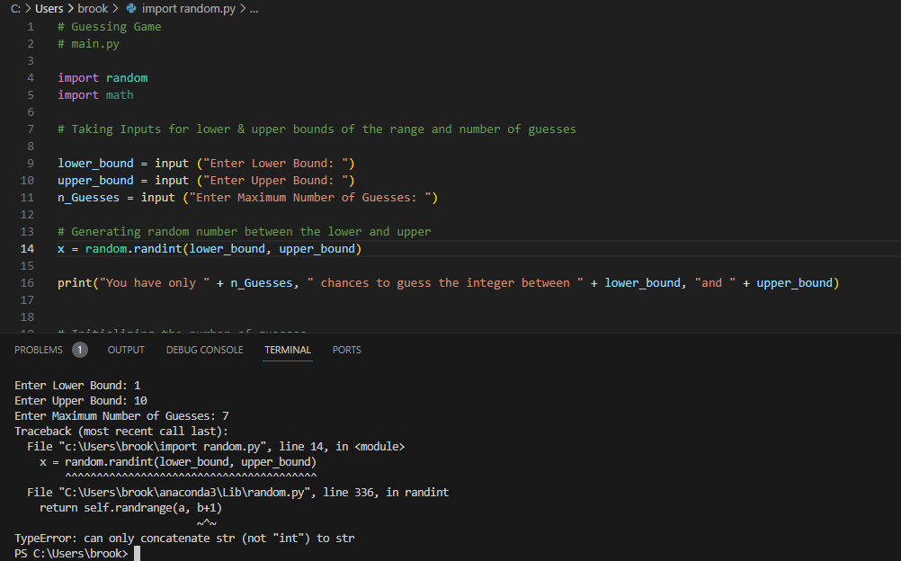 Solved Error in Python Code When Using Random.randint()The | Chegg.com