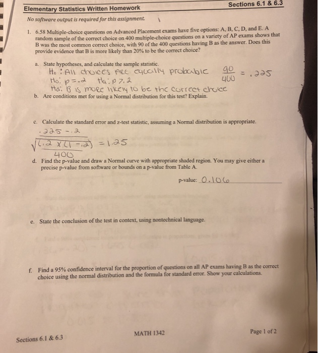 Solved Sections 6.1&6.3 Elementary Statistics Written | Chegg.com