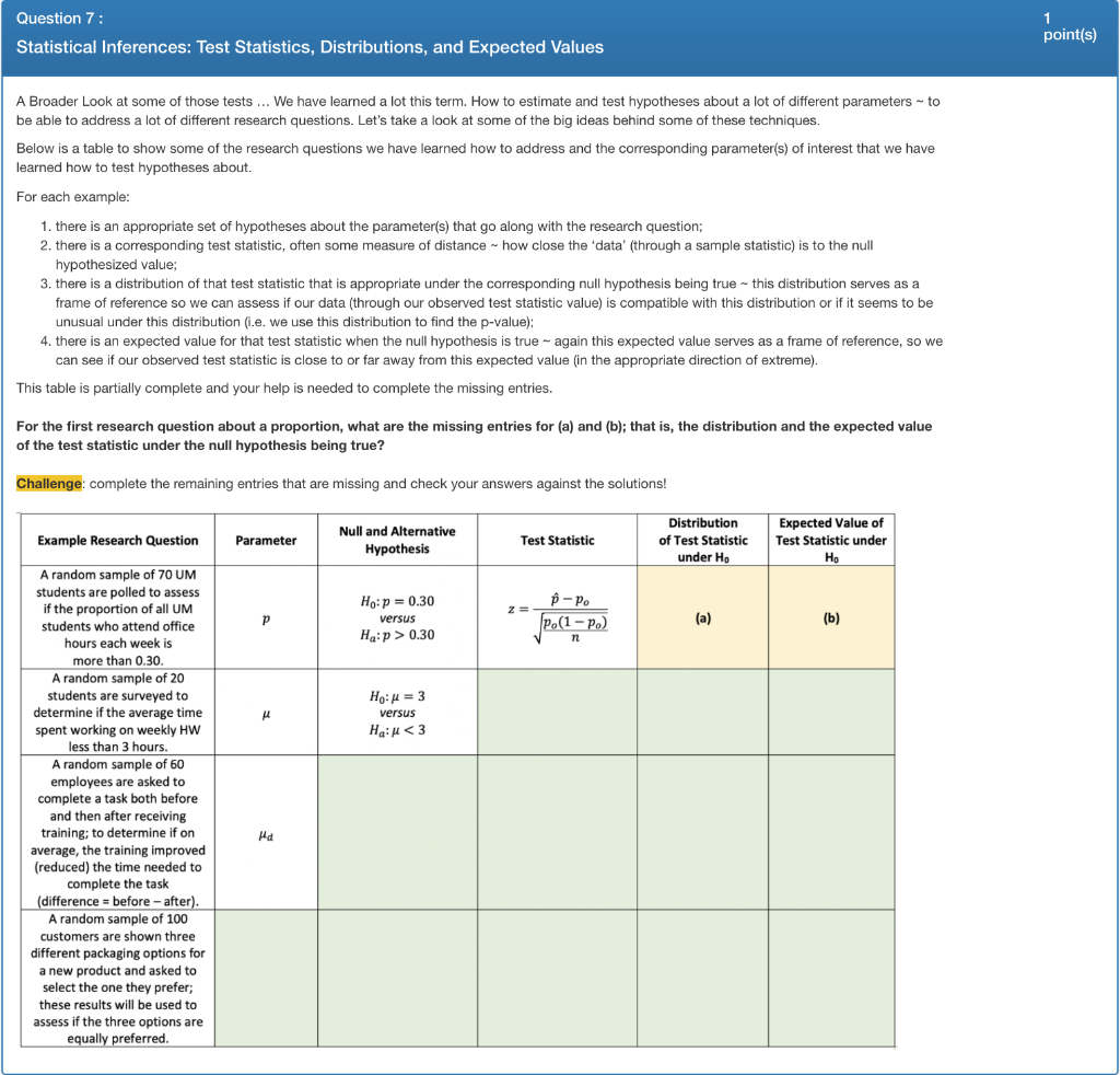 Statistical Inference Questions Bank Question 7: Statistical Inferences: Test Statistics, | Chegg.com