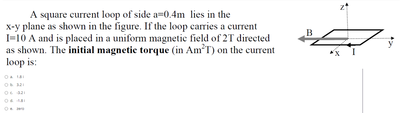 Solved A square current loop of side a=0.4 m lies in the x−y | Chegg.com