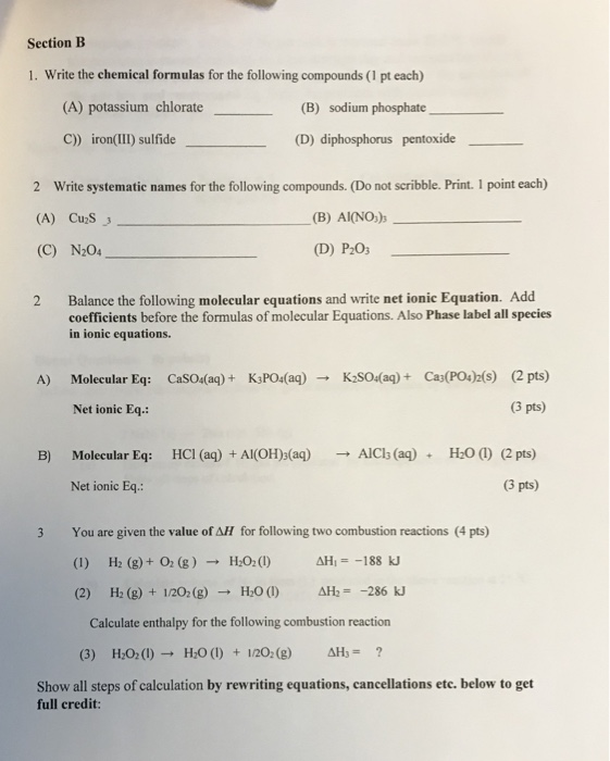 Solved Section B 1. Write the chemical formulas for the | Chegg.com