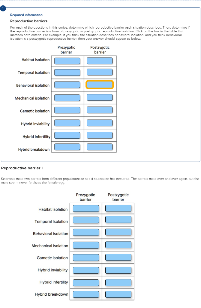 Solved Required information Reproductive barriers For each