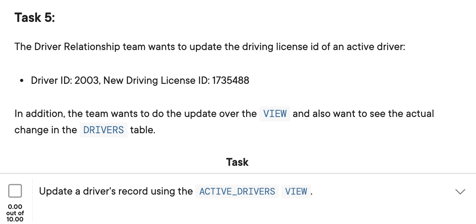 Solved Task 5 The Driver Relationship team wants to update