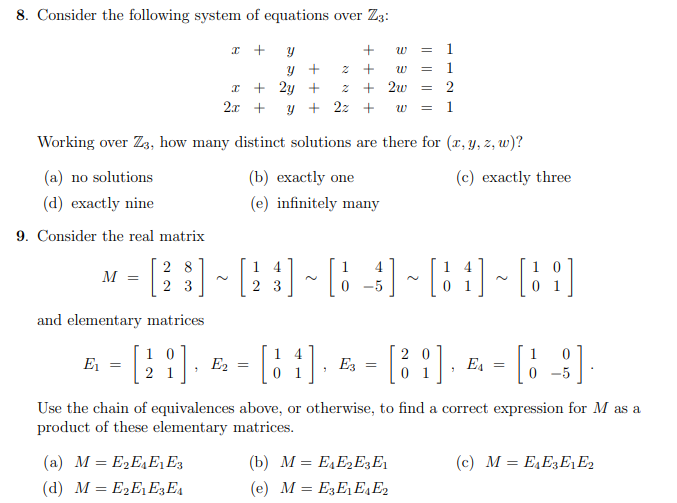 Solved 8. Consider the following system of equations over | Chegg.com