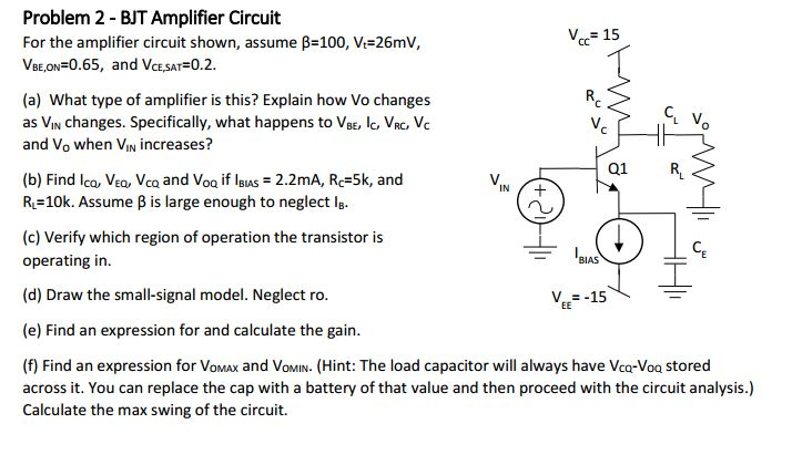 Solved Problem 2 - BJT Amplifier Circuit For the amplifier | Chegg.com