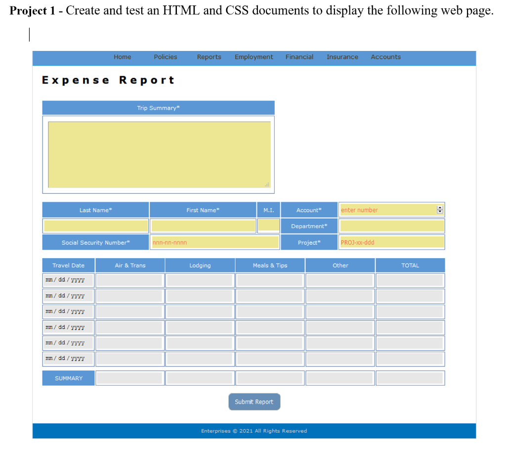 Solved Project 1 - Create and test an HTML and CSS documents | Chegg.com