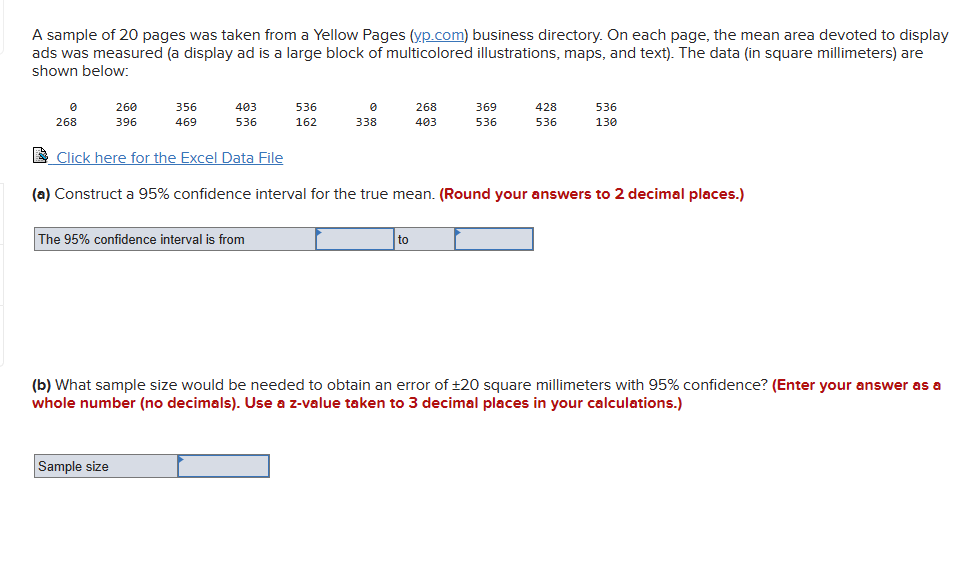 Solved A sample of 20 pages was taken from a Yellow Pages | Chegg.com