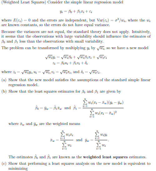 (Weighted Least Squares) Consider the simple linear | Chegg.com