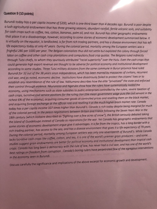 Solved Question 9 (10 points) Burundi today has a per capita | Chegg.com