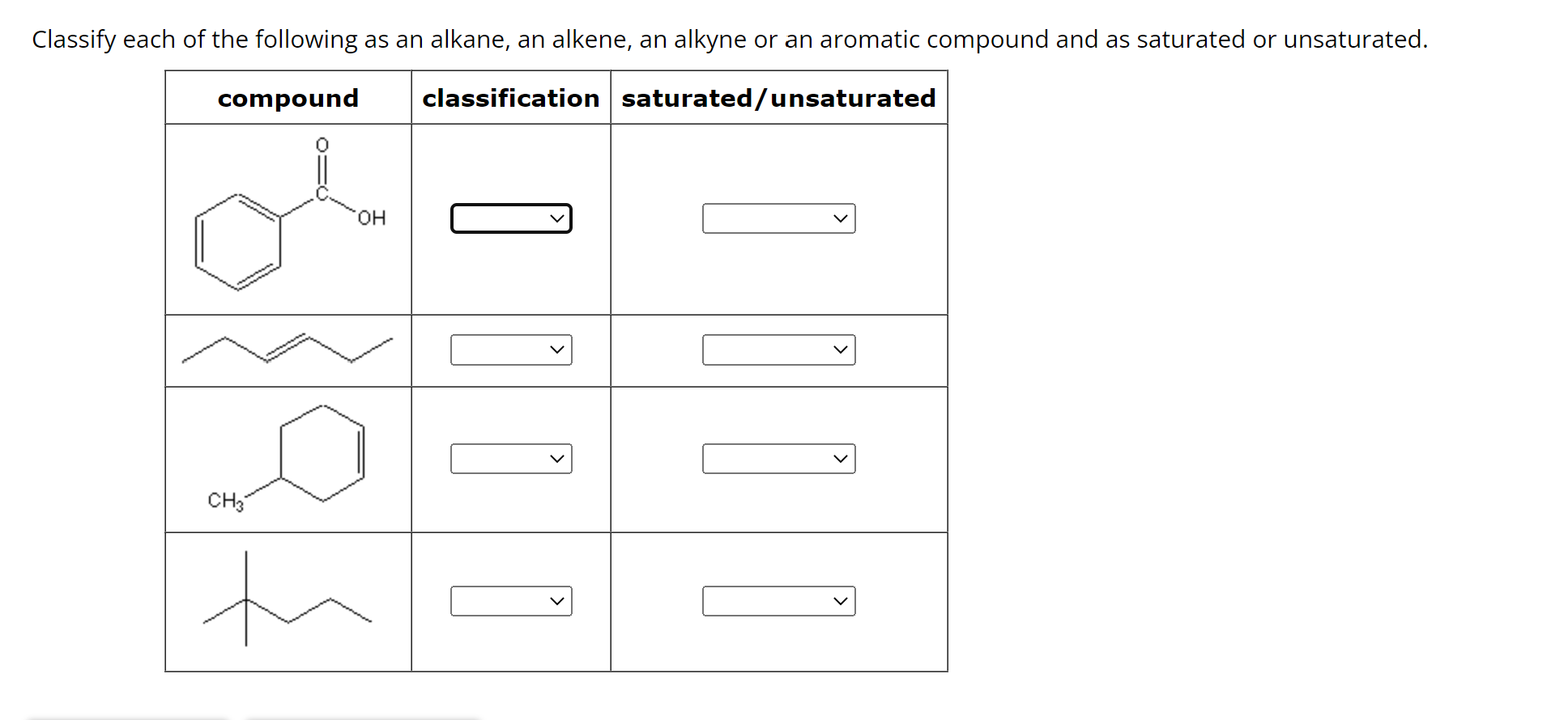 Classify each of the following as an alkane, an alkene, an alkyne or an aromatic compound and as saturated or unsaturated.
\b