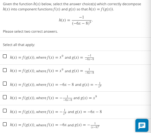 Solved Given the function h(x) below, select the answer | Chegg.com