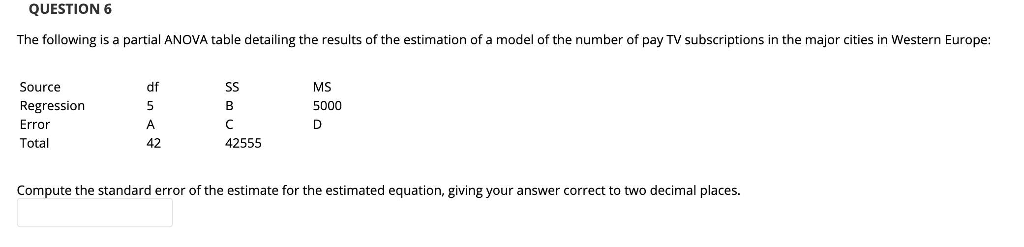 Solved QUESTION 6 The following is a partial ANOVA table | Chegg.com