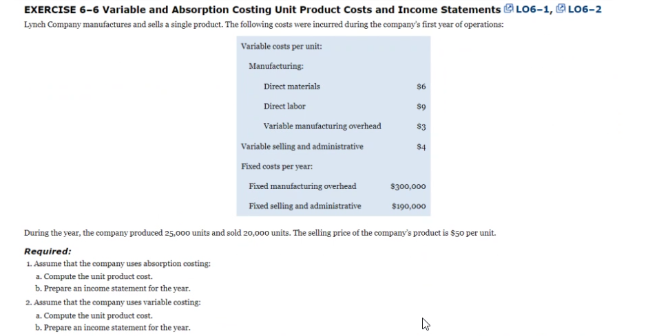 Solved EXERCISE 6-6 Variable and Absorption Costing Unit | Chegg.com