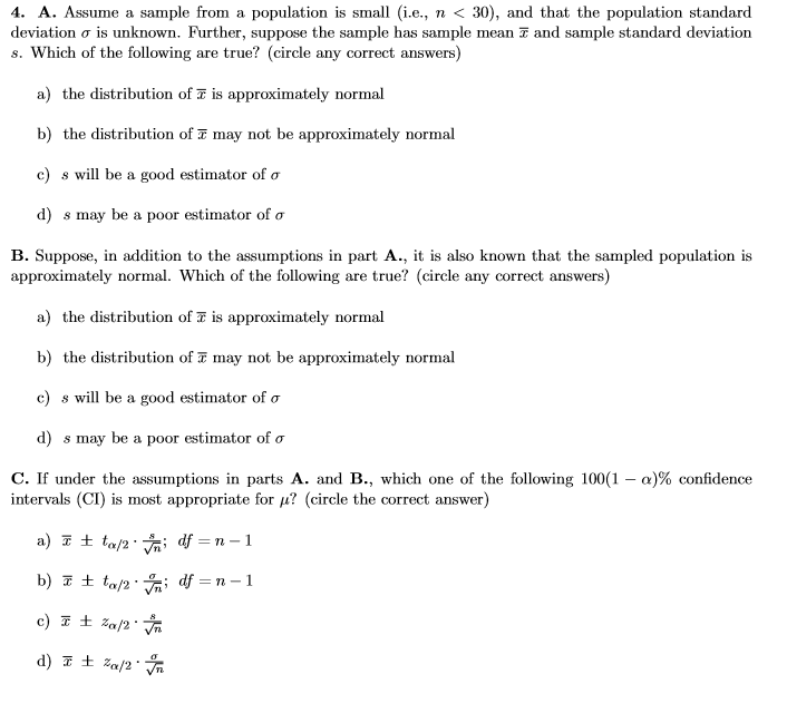 Solved 4 A Assume A Sample From A Population Is Small Chegg Com