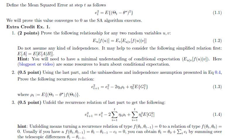Solved Define the Mean Squared Error at step t as follows e² | Chegg.com