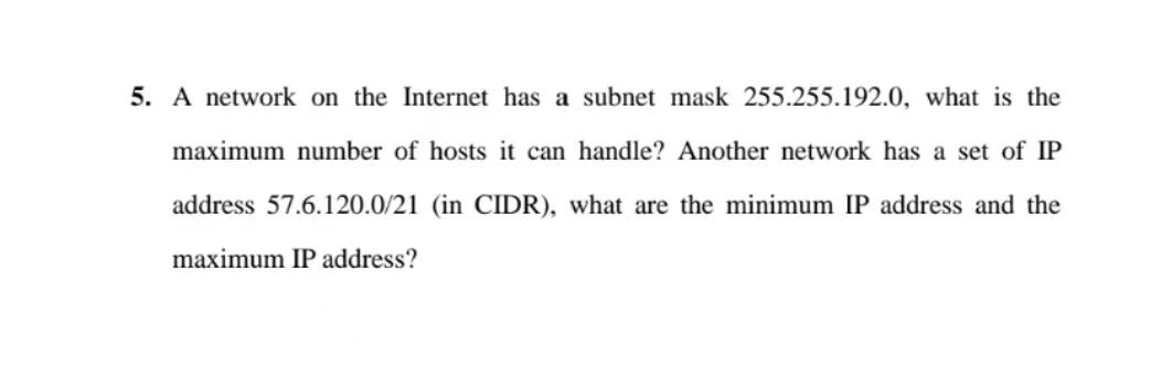 Solved 5. A network on the Internet has a subnet mask | Chegg.com