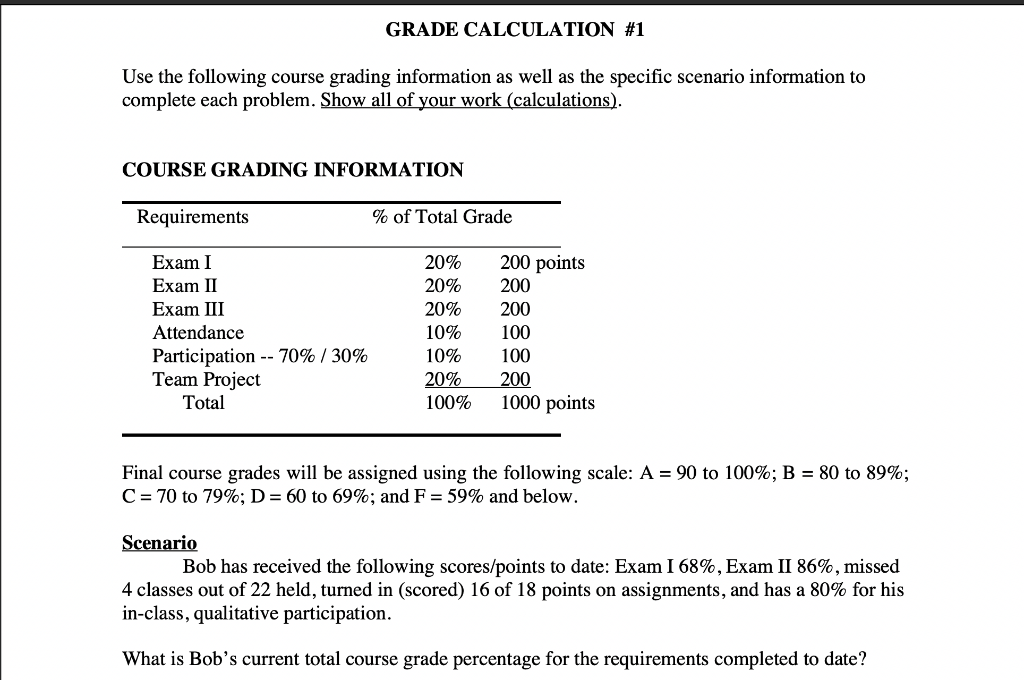 Solved Grade Calculation 1 Use The Following Course Grad Chegg Com