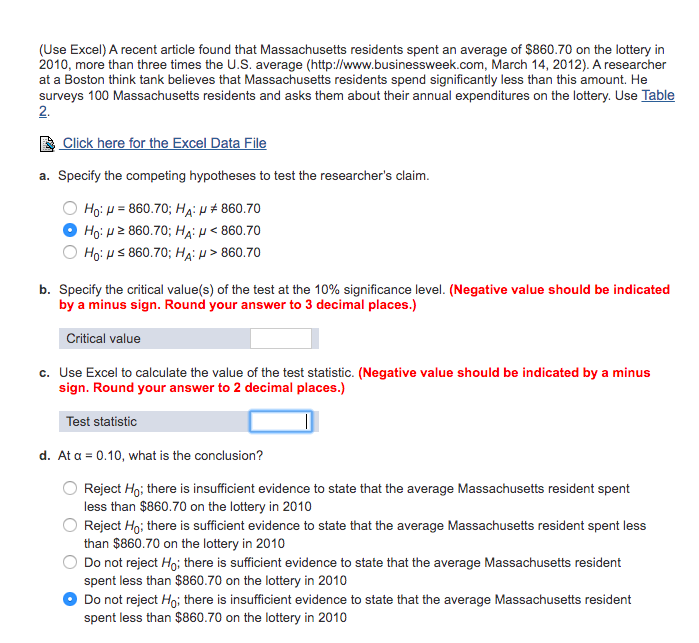 Solved (Use Excel) A Recent Article Found That Massachusetts | Chegg.com