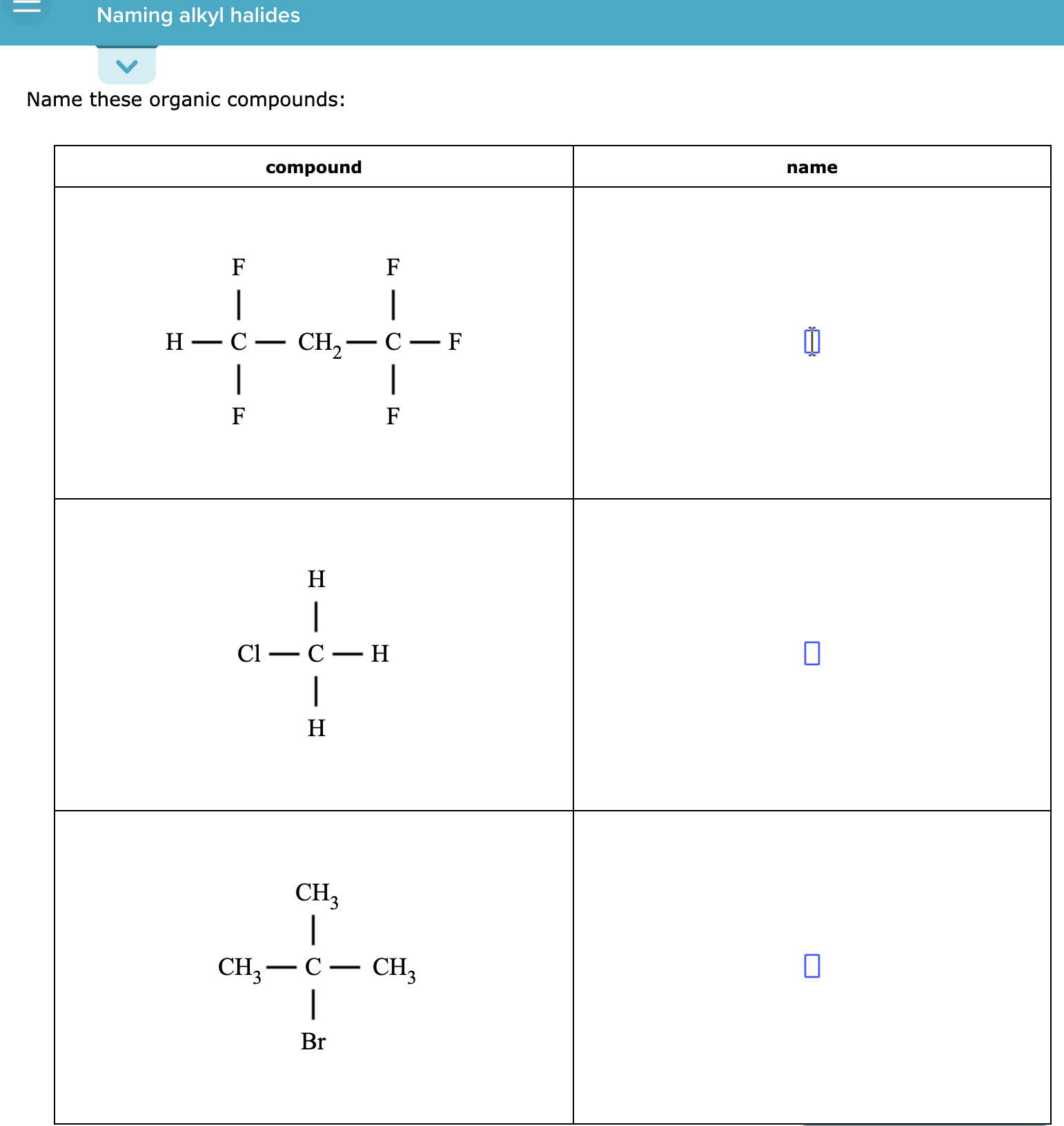 Solved Naming alkyl halides Name these organic compounds: | Chegg.com