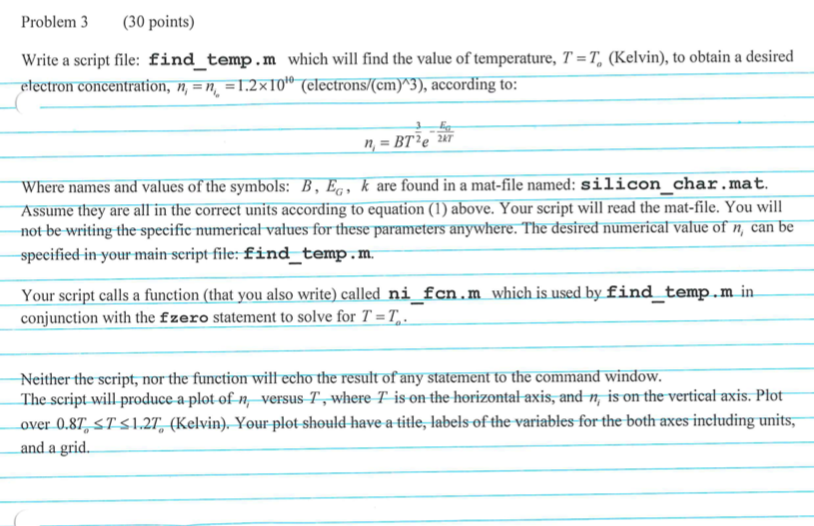 Matlab Problem Write A Script File Find Temp M W Chegg Com