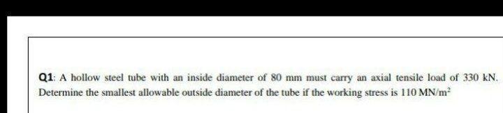Solved Q1: A hollow steel tube with an inside diameter of 80 | Chegg.com