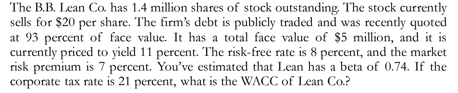 Solved The B.B. Lean Co. Has 1.4 Million Shares Of Stock | Chegg.com