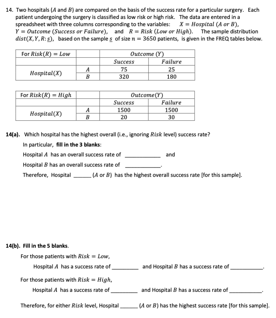 Solved 14. Two hospitals (A and B) are compared on the basis | Chegg.com