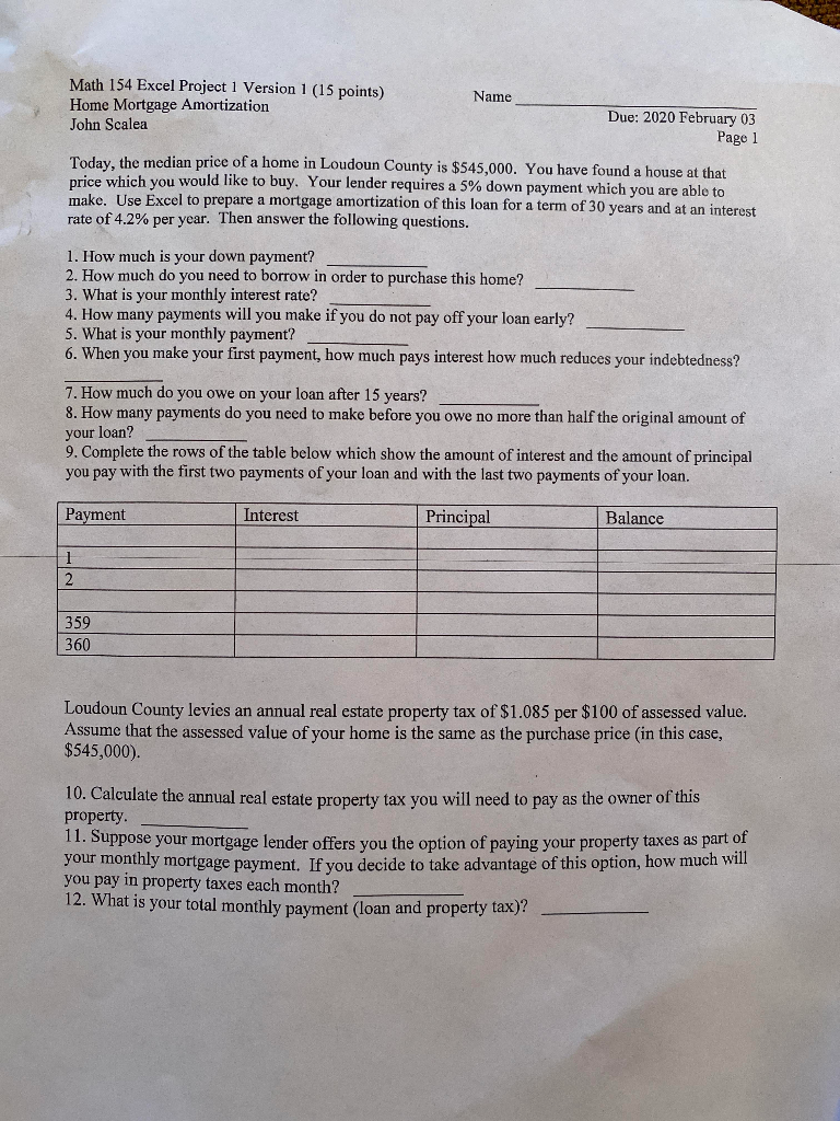 Math 154 Excel Project 1 Version 1 15 Points Hom Chegg Com