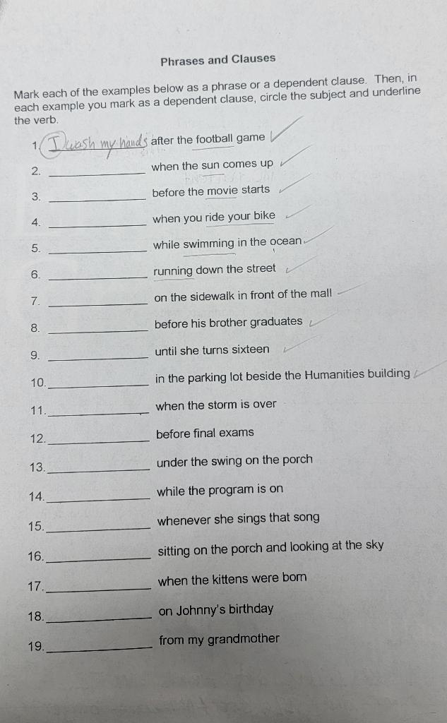 Mark each of the examples below as a phrase or a | Chegg.com