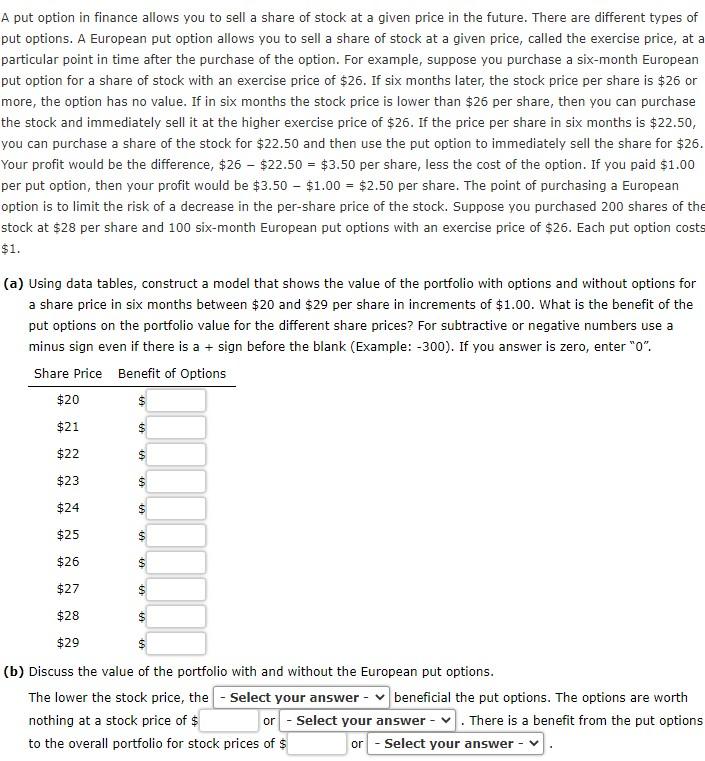 Solved A put option in finance allows you to sell a share of | Chegg.com