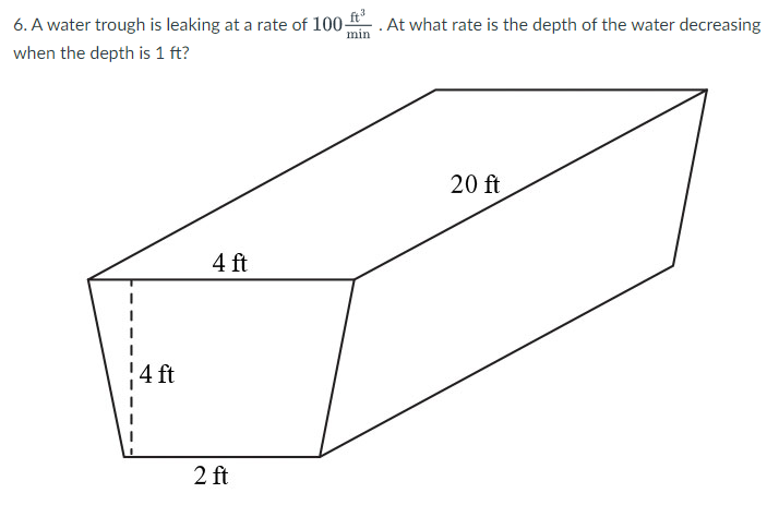 Solved 6. A water trough is leaking at a rate of 100 ft. At | Chegg.com