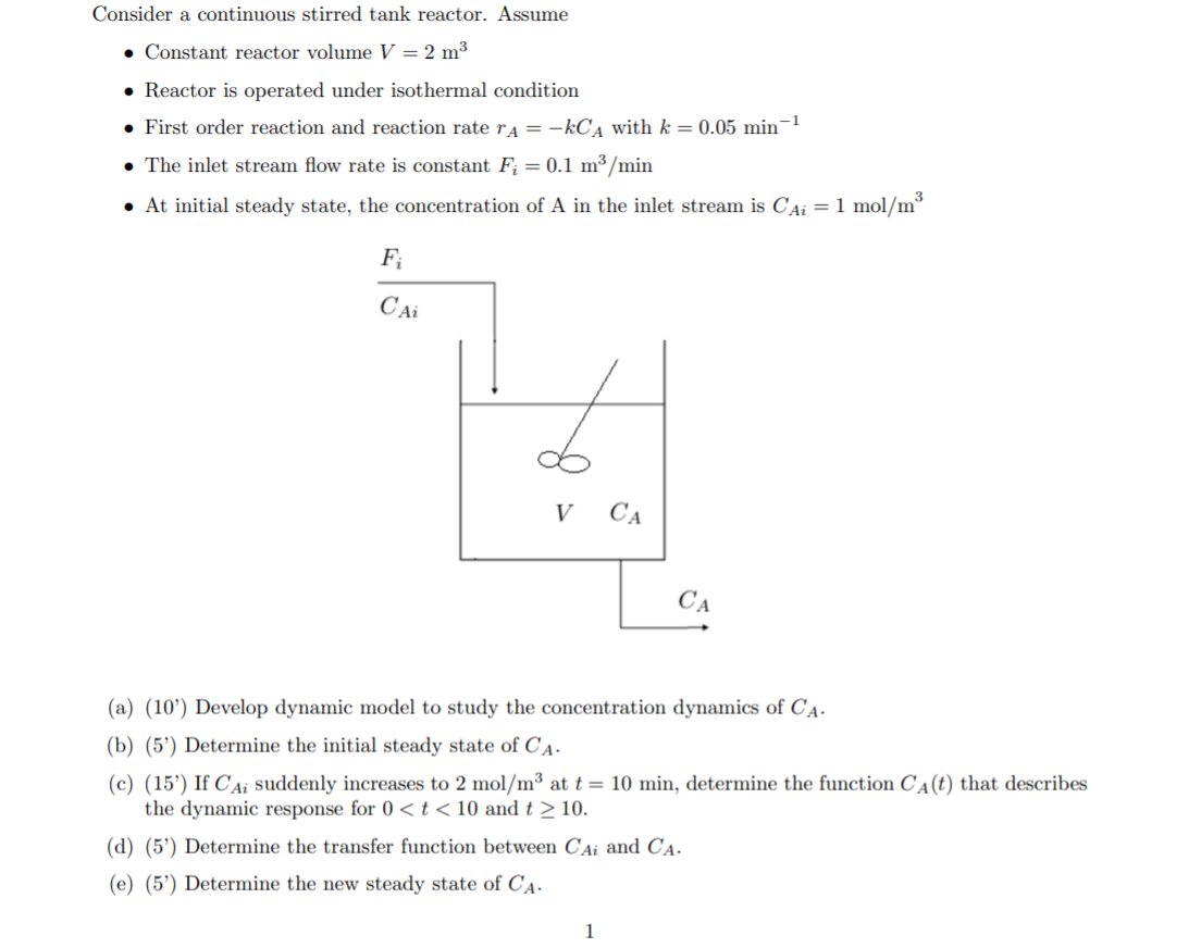 Solved Consider a continuous stirred tank reactor. Assume . | Chegg.com
