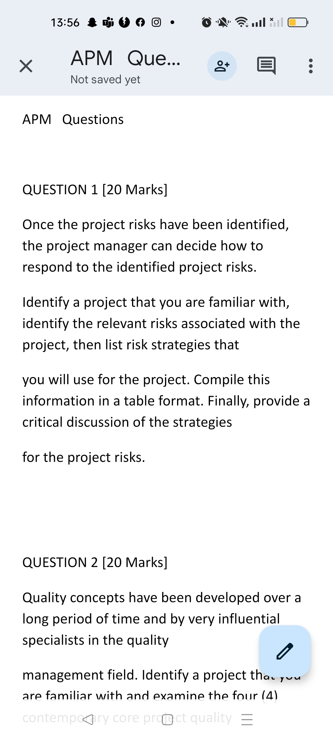 Solved QUESTION 1 [20 Marks] Once the project risks have | Chegg.com