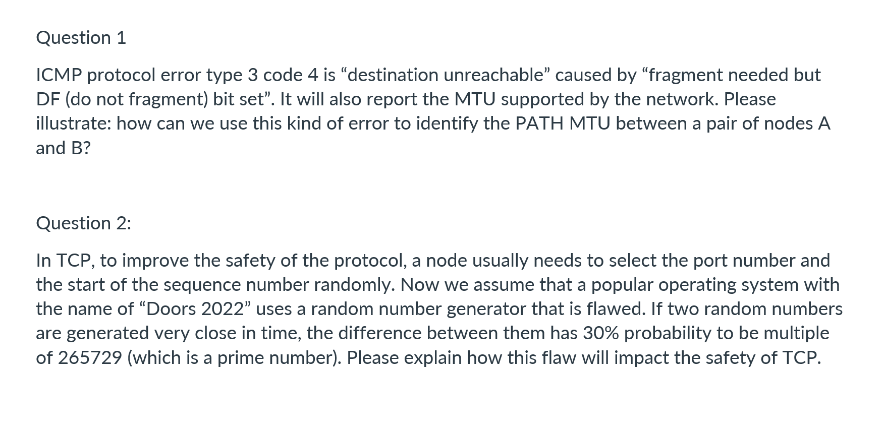 ICMP protocol error type 3 code 4 is "destination | Chegg.com