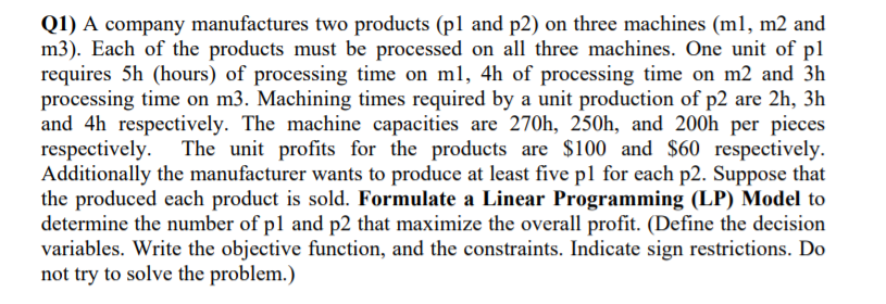 Solved Q1) A company manufactures two products (pl and p2) | Chegg.com