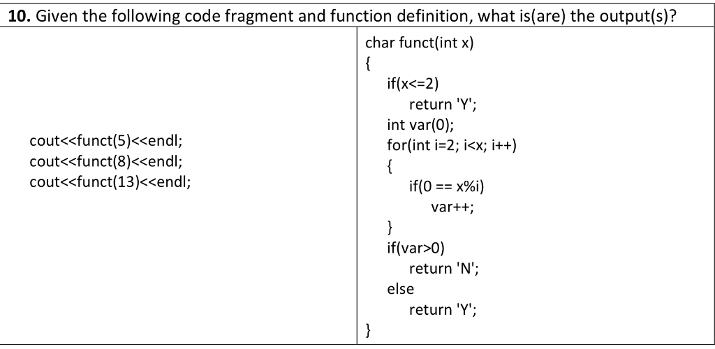 Solved 10. Given the following code fragment and function | Chegg.com