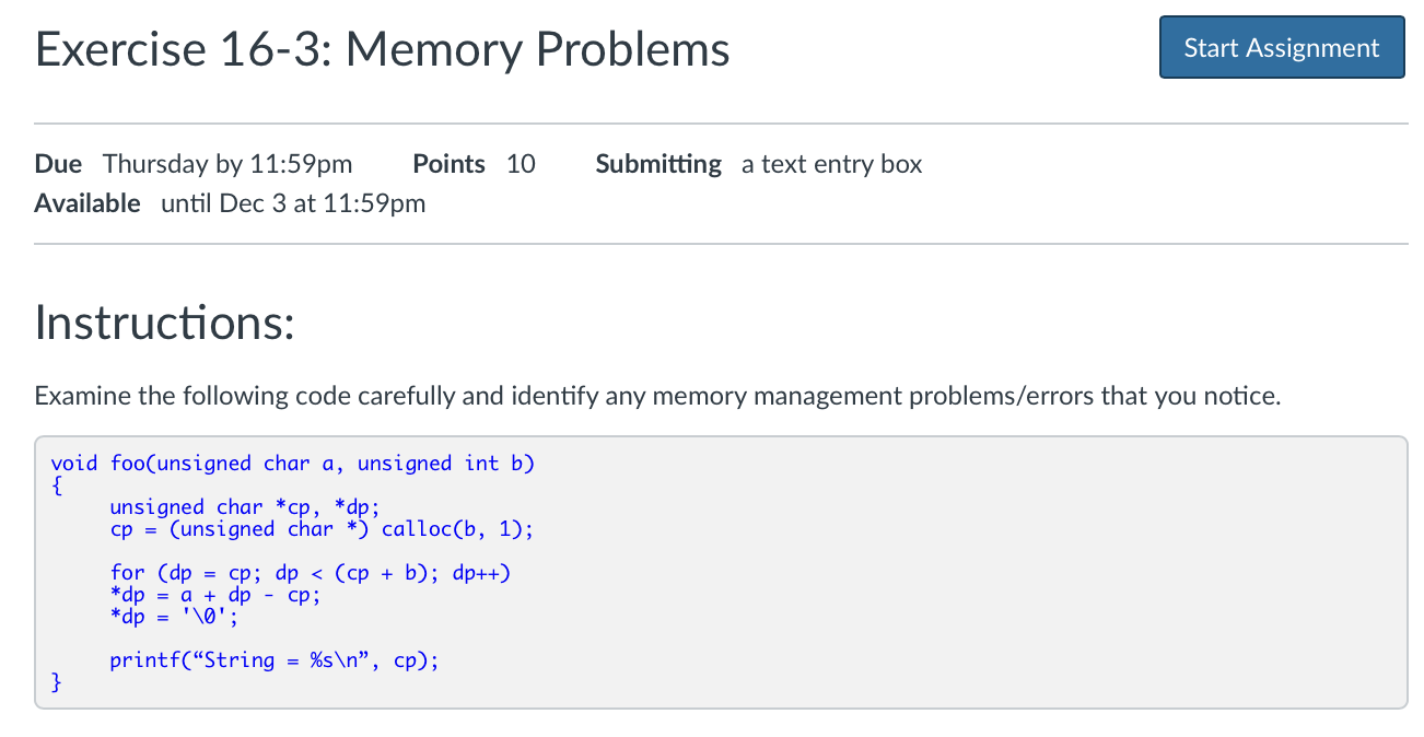 Solved Exercise 16-3: Memory Problems Due Thursday By | Chegg.com