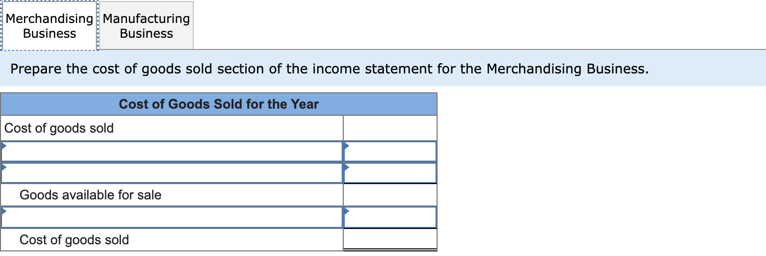 Prepare the cost of goods sold section of the income statement for the Merchandising Business.