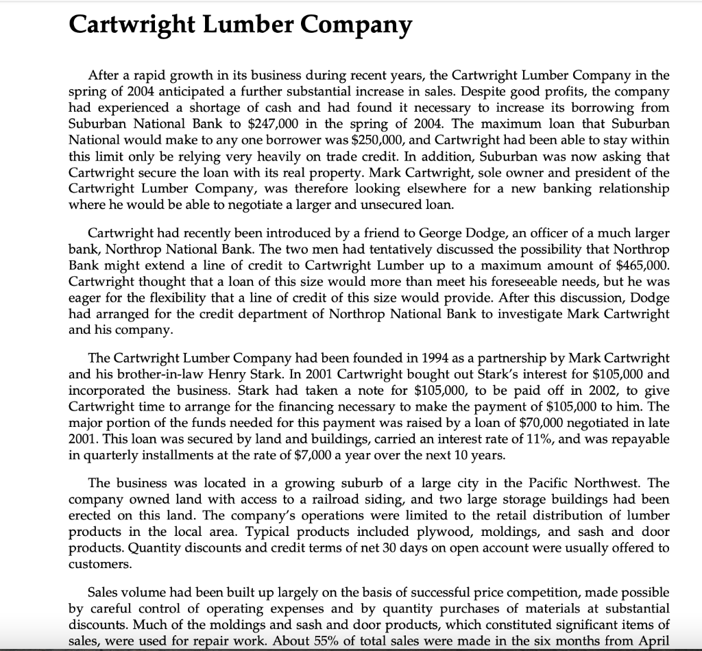 Your job is to evaluate Mr. Cartwright’s loan