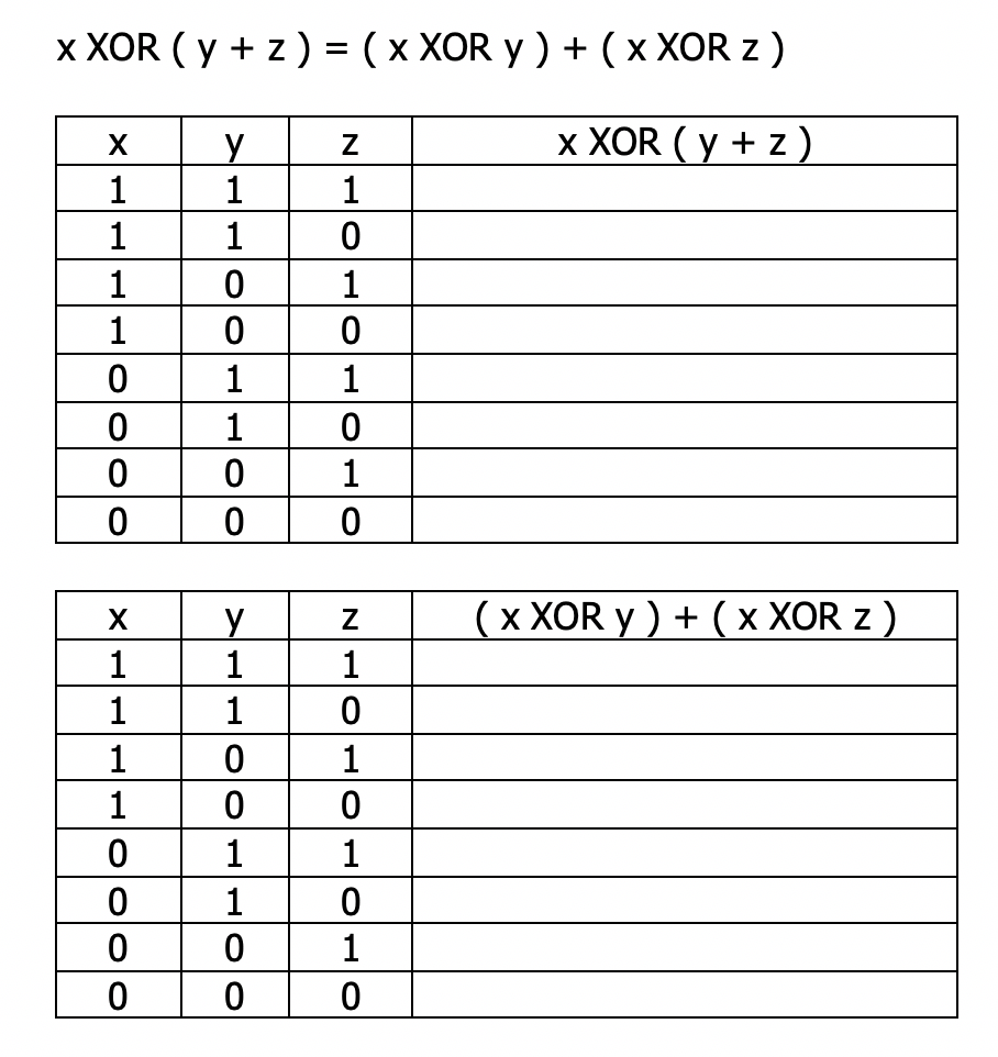 Solved x XOR (y +z)-(x XOR y) + (x XOR z) 0 | Chegg.com